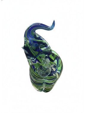 Vintage Signed Mdina Malta Art Glass Elephant Cobalt Blue & Green Original Label